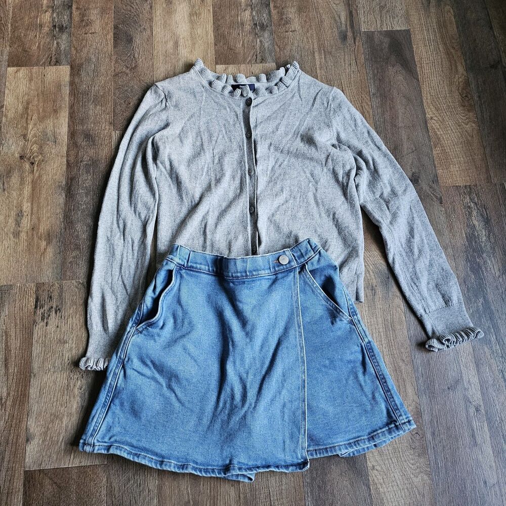 Gap Uniqlo Girls Set 12 XL Grey Ruffle Cardigan Denim Skort Coquette Preppy
